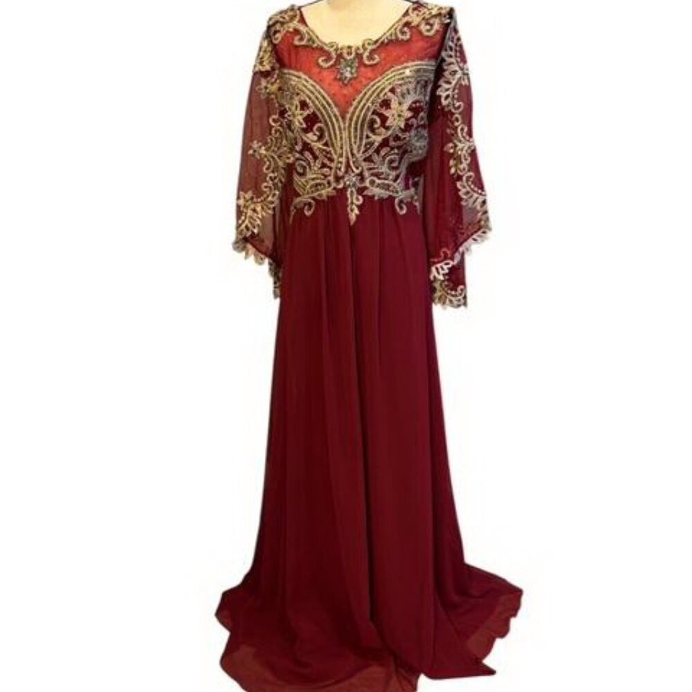 May Queen Burgundy Red Embellished Chiffon Capelet Dress